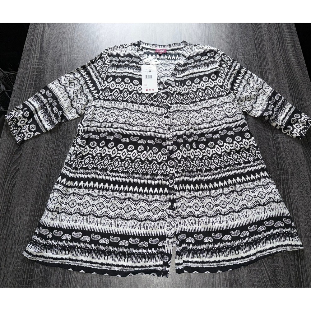 Coline Black White Geometric Paisley Print‎ Button Down Tunic Top XL NWT